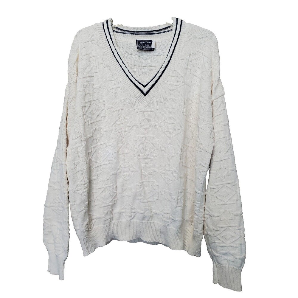 Peconic Bay Traders Cotton Off-White V-Neck 3D-Knit Sweater Size XL Vintage